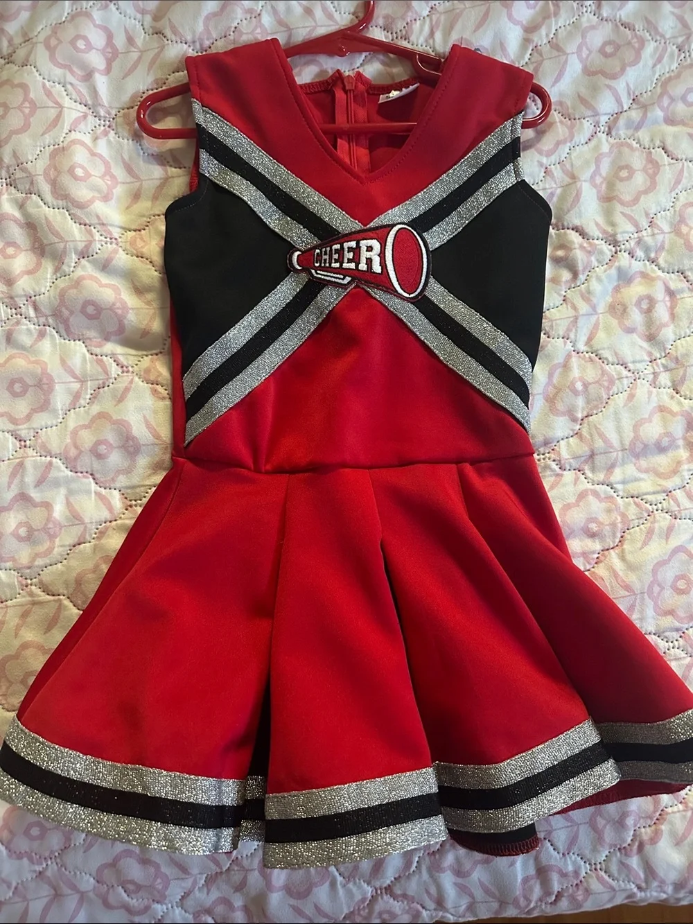 Girls Red Cheerleader Costume Dress with Silver Trim